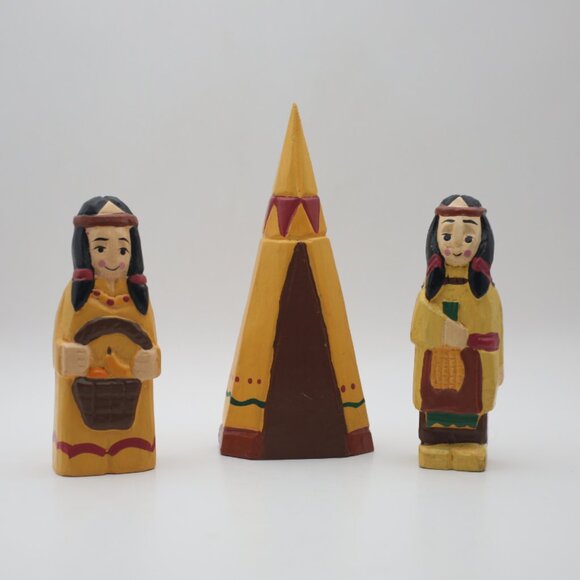 Vintage 1970s Hand Carved Hand Painted Indian Man, Woman &  Teepee - Picture 1 of 10